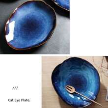 1pc Nordic Ceramic Food Dish Plate Household Pottery Asymmetric Dish Salad Platter Cat Eye Blue Color Dish