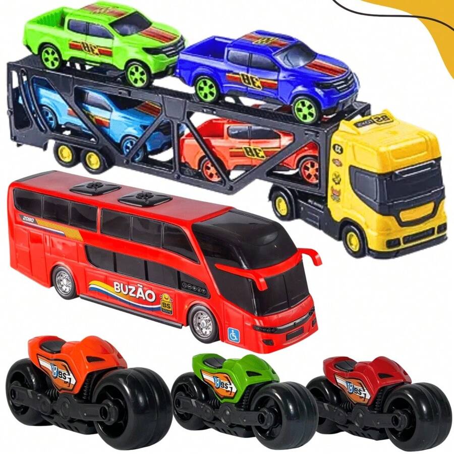 Kit Caminhão Cegonheiro 4 Pickups Caminhonete 3 Motinhos ônibus Buzão Miniatura Brinquedos Infantil Interativo Carrinhos