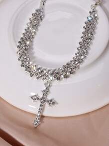 Pulsera de tobillo con cadena y colgante en forma de cruz con un montón de brillantes de diamante de imitación, joyería femenina de accesorios de tobillo - Plateado - Ver 4