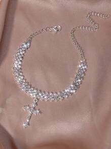 Pulsera de tobillo con cadena y colgante en forma de cruz con un montón de brillantes de diamante de imitación, joyería femenina de accesorios de tobillo - Plateado - Ver 5