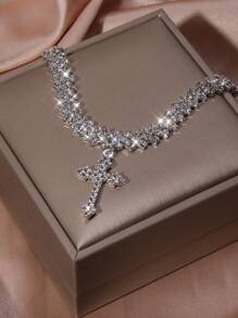 Pulsera de tobillo con cadena y colgante en forma de cruz con un montón de brillantes de diamante de imitación, joyería femenina de accesorios de tobillo - Plateado - Ver 3