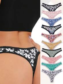 Morvia Women 10 Packs Thongs Contrast Lace Trims Cute Floral Heart Patterned Multicoloured Assortment - Multicolor - View 12