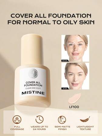 MISTINE Base de maquillaje de cobertura completa con acabado luminoso para uso prolongado de 24 horas, base líquida ligera e impermeable con ácido hialurónico, antioxidantes, ingredientes antipolución y anti-luz azul. 1 paquete de 30g