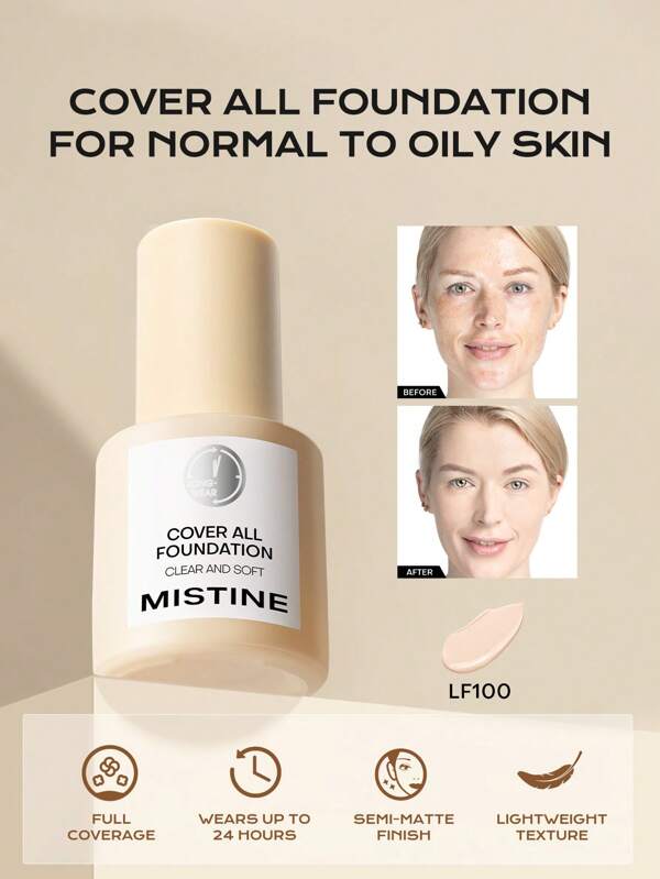 MISTINE Base de maquillaje de cobertura completa con acabado luminoso para uso prolongado de 24 horas, base líquida ligera e impermeable con ácido hialurónico, antioxidantes, ingredientes antipolución y anti-luz azul. 1 paquete de 30g