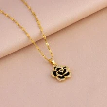 1 Set Of 18K Gold-Plated Fashionable And Luxurious Micro-Set French Black Rose Pendant With Ladies Necklace And Earrings Set, Elegant High-End Sense Banquet Accessory Female Valentines,Mom,Mother,Mother's Day,Gift - Gold - View 2