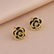 1 Set Of 18K Gold-Plated Fashionable And Luxurious Micro-Set French Black Rose Pendant With Ladies Necklace And Earrings Set, Elegant High-End Sense Banquet Accessory Female Valentines,Mom,Mother,Mother's Day,Gift - Gold - View 3