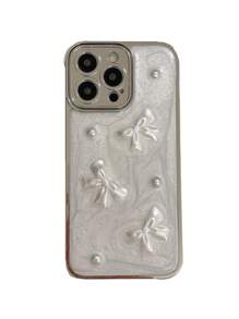手机壳美学 iPhone 16 仿珍珠蝴蝶结细节结电镀滴胶奶白色油漆防摔手机壳兼容苹果手机 - 白色 - 查看 2
