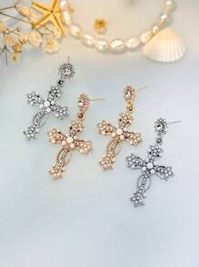 Pair Of Fashionable Gorgeous Cross Flowers Colorful Pearl Women's Copper Earrings - Multicolor - View 5