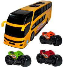 Kit Caminhão Cegonheiro 4 Pickups Caminhonete 3 Motinhos ônibus Buzão Miniatura Brinquedos Infantil Interativo Carrinhos - Azul e Branco - Visão 6