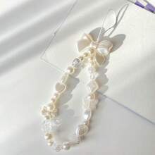 Ins極簡主義風格珍珠手機掛鏈，甜美的心形與蝴蝶結串珠飾品女生手機殼掛件裝飾 - 杏色 - 查看 7