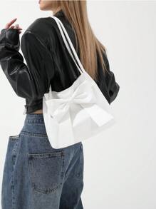 时尚新款水桶女包流行春夏蝴蝶结细节装饰手提包单肩通勤手提纯色女包，时尚蝴蝶结钱包女士 - 白色 - 查看 5