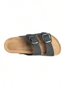 Women's Open Toe Flat Slides - Soft Cushioned Footbed, Adjustable Slip-On Slippers - 黑色 - 查看 4