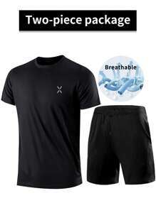 2 piezas Conjunto deportivo para hombre - Sudadera liviana con bolsillo y pantalones cortos con cordón para correr, baloncesto, fútbol, ejercicio