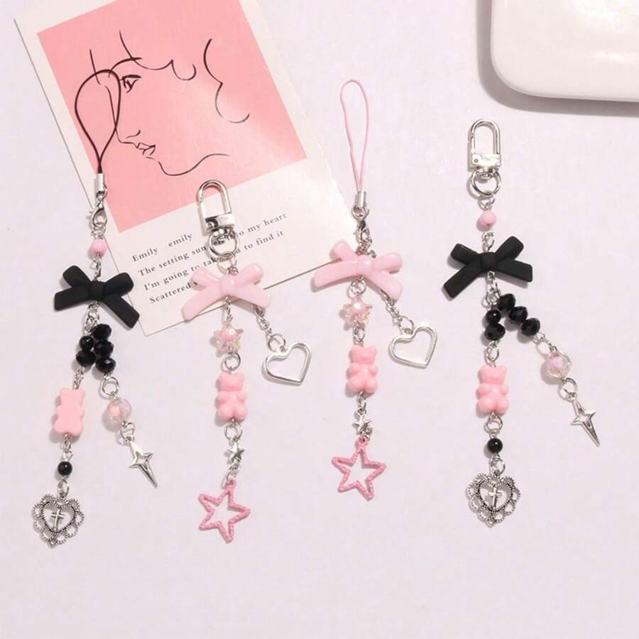 可愛的泰迪熊蝴蝶結中空心鑰匙圈，附有手機掛鍊 - 彩色 - 查看 1