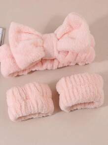 3 件套头带 2 件腕带柔软毛绒天鹅绒弹性头带腕带适用于洗脸水疗护肤水疗情人节 - 淺粉色 - 查看 1