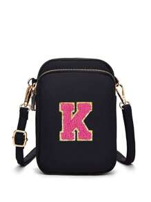 1 Peça Bolsa Transversal Casual de Moda com Bolso para Telefone e Porta-Moedas Vertical, Bolsa de Lona Feminina com Padrão de Bordado de Letra, Bolsa Transversal, Meninas, Viagem, Volta às Aulas, Presente - Preto - Visão 15
