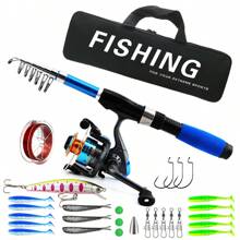 1.7mFishing Pole Set Full Kits With Telescopic Fishing Rod And Spinning Reel Baits Hooks Travel Pole Set - Blue - View 1
