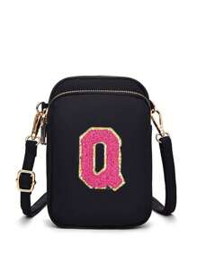 1 Peça Bolsa Transversal Casual de Moda com Bolso para Telefone e Porta-Moedas Vertical, Bolsa de Lona Feminina com Padrão de Bordado de Letra, Bolsa Transversal, Meninas, Viagem, Volta às Aulas, Presente - Preto - Visão 19