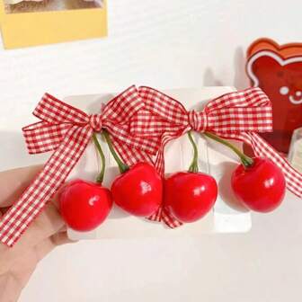 2pcs Cute Cherry Hair Clips Mixed Color Bowknot Hair Accessories Lovely Dot Bow Decorative Headwear For Baby Girls