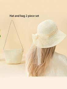2pcs/Set Teenage Girls Pearl, Mesh, Lace & Bow Decor Fisherman Sun Hat & Solid Color Straw Crossbody Bag Combo, Sweet & Fashionable For Summer Outdoor, Beach, Wedding, Holiday Gift - Multicolor - View 13