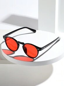 1pc Retro Rivet Small Frame Round Nerd Glasses, Suitable For College Style, Vintage Neutral Style, Fashion Street Photography, Vacation, Daily Commute, Polycarbonate Lenses, Fashion Glasses (With Glasses Strap) - Black Frame With Red Lenses - View 3