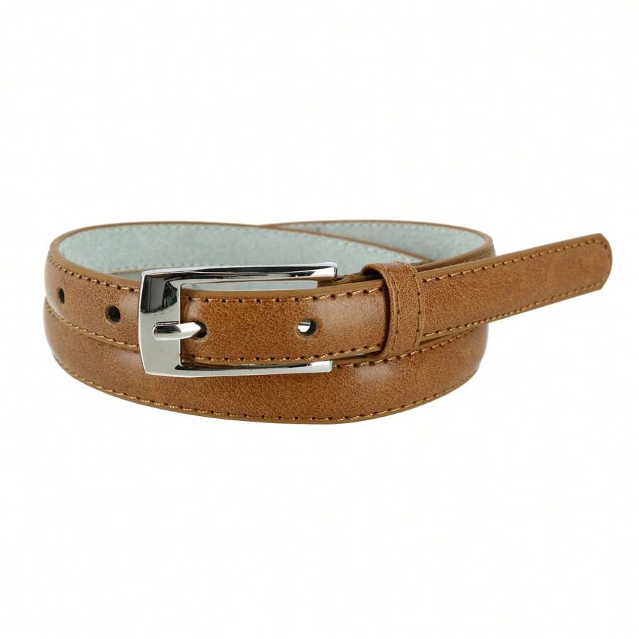 CTM Women's 3/4 Inch Skinny Leather Dress Belt Silver Buckle, Available In Black, Brown, Dark Pink, Gold, Navy, Orange, Purple, Red, Royal Blue, Silver, Tan, Turquoise, White, Yellow, Large, Medium, XL Leather Dress Belts - 卡其色 - 查看 1