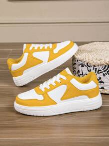 Autumn/Winter Women's Comfortable Sneakers, Fashionable Minimalist Sports Casual Lace-Up Platform Sneakers In Yellow & White - Yellow - View 4