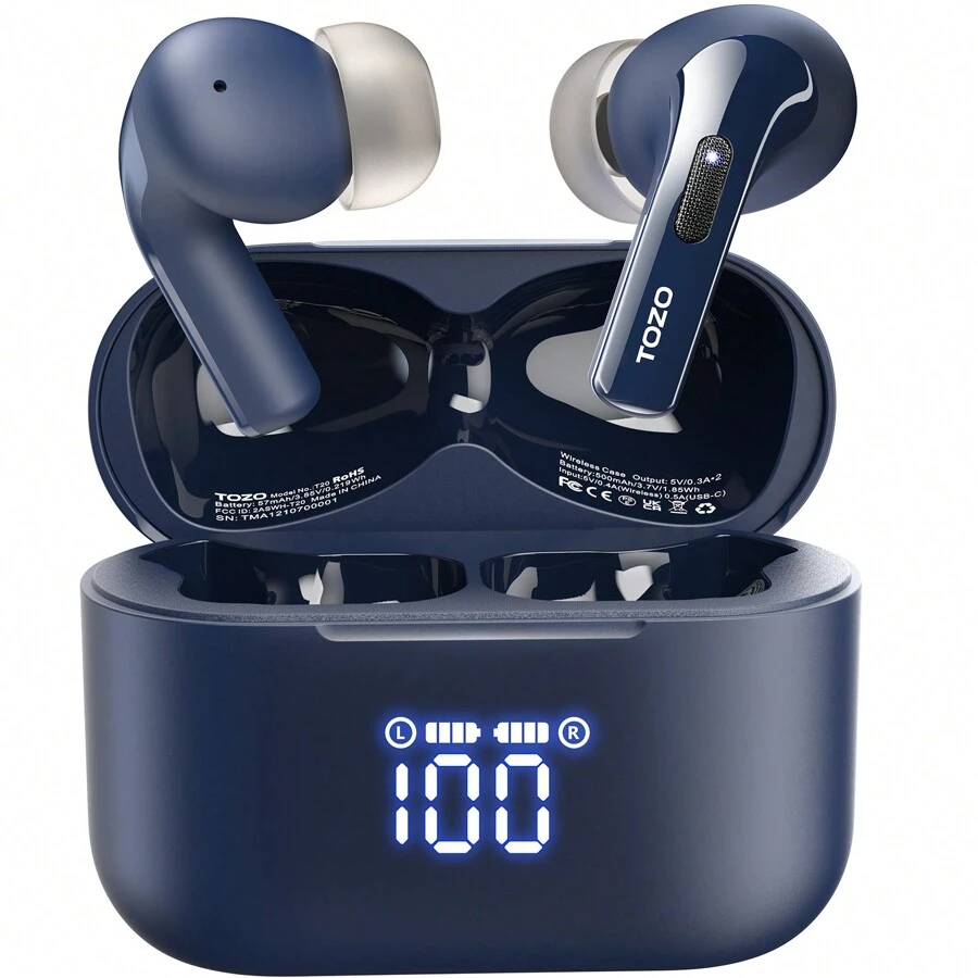 TOZO T20 Wireless Earbuds Bluetooth Headphones 48.5 Hrs Playtime With LED Digital Display, IPX8 Waterproof, Dual Mic Call Noise Cancelling 10mm Broad Range Speakers With Wireless Charging Case Black - 藍色 - 查看 1
