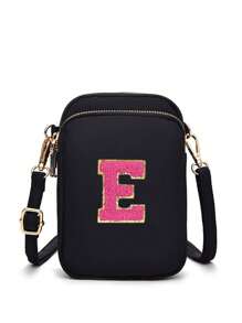 1 Peça Bolsa Transversal Casual de Moda com Bolso para Telefone e Porta-Moedas Vertical, Bolsa de Lona Feminina com Padrão de Bordado de Letra, Bolsa Transversal, Meninas, Viagem, Volta às Aulas, Presente - Preto - Visão 17