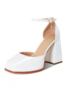 Woemens Platform Mary Jane Shoes Chunky Heels Square Closed Toe Pumps For Women Kawaii Ankle Strap Lolita Dress Pumps - 雪白色 - 查看 5