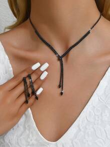 1套女性輕奢V形水滴鑽石項鍊+輕奢鑽石耳環套裝 - 黑色 - 查看 3