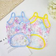 一件寵物貓狗衣服夏季蕾絲花紋透氣法國斗牛犬Teddy約克夏柯基防曬背心 - 藍色 - 查看 7
