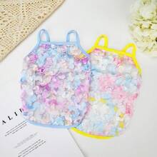 一件寵物貓狗衣服夏季蕾絲花紋透氣法國斗牛犬Teddy約克夏柯基防曬背心 - 藍色 - 查看 1