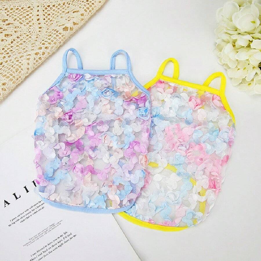 一件寵物貓狗衣服夏季蕾絲花紋透氣法國斗牛犬Teddy約克夏柯基防曬背心 - 藍色 - 查看 1