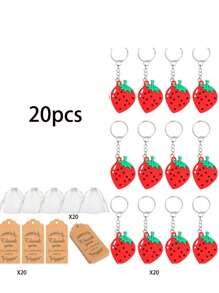 Llaveros con forma de fresa como recuerdos para invitados de fiesta de cumpleaños, bolsas blancas de regalo, etiquetas de agradecimiento, recuerdos con tema de frutas para fiestas, Navidad
