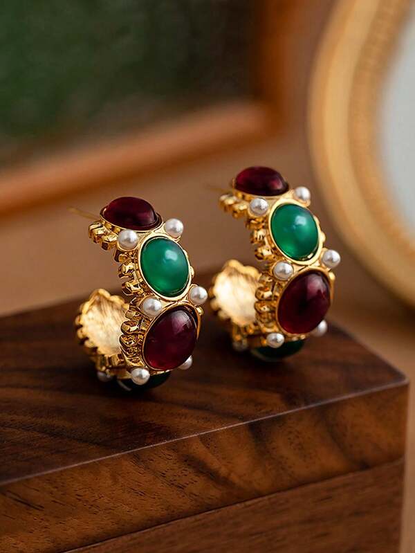 1 par de brincos de argola em C banhados a ouro, com design exclusivo e vintage, com cristais falsos e pérolas, adequados para uso diário feminino, traje formal, noivado, feriados, dia das mães, dia dos professores, presente para melhor amiga, acessório de joalheria