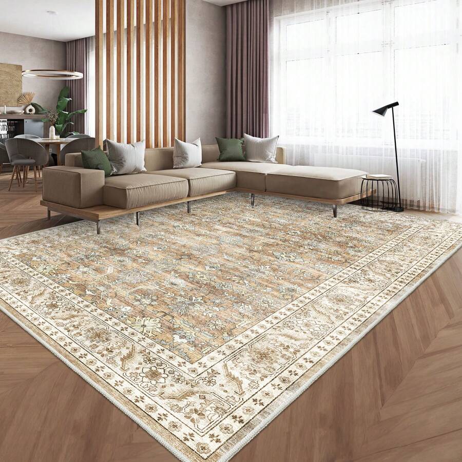 1pc Printed Carpet, Modern Style Polyester Fiber Rectangle Rug With Dot Details, Absorbent And Non-Slip Suitable For All Seasons Living Room Home Decor - Brown - View 1