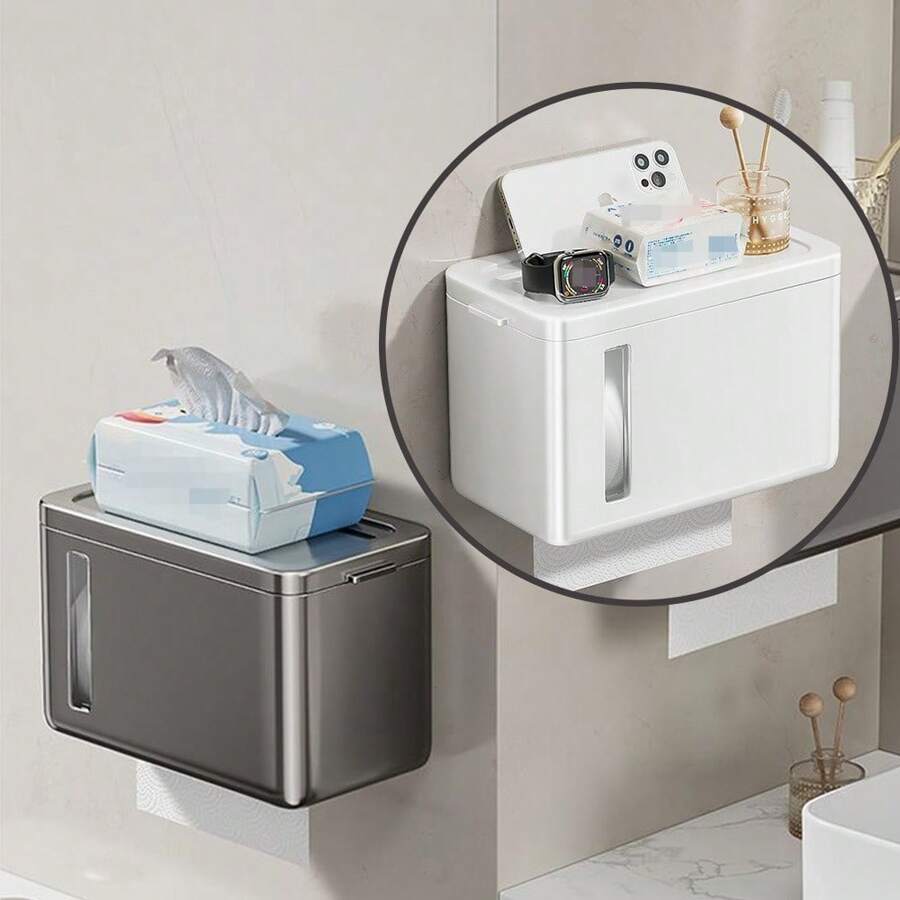 1pc Bathroom Tissue Storage Box Punch-Free Toilet Paper Holder Wall Mounted Tissue Container Waterproof Bathroom Tissue Storage Rack Bathroom Accessories Bathroom Storage And Organization - Multicolor - View 1