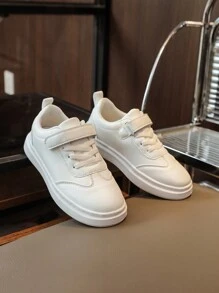 A Pair Of New Children Shoes Girls And Boys Sneakers Black Soft Sports Shoes Comfortable Anti-Slip Soles White School Shoes With Hook And Loop PU Leather Shoes For Boys And Girls Festival Shoes For Boys White Comfortable School Shoes For Male Students