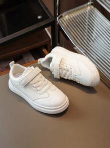 A Pair Of New Children Shoes Girls And Boys Sneakers Black Soft Sports Shoes Comfortable Anti-Slip Soles White School Shoes With Hook And Loop PU Leather Shoes For Boys And Girls Festival Shoes For Boys White Comfortable School Shoes For Male Students