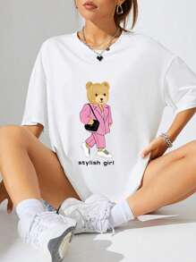 Letter And Bear Print T-Shirt - White - View 1