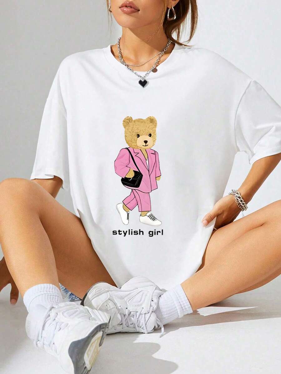 Letter And Bear Print T-Shirt - White - View 1
