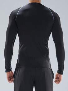 男友款男士长袖速干透气压缩衬衫，适合健身、跑步、篮球、足球、训练、锻炼和打底衫，圆领 - 黑色 - 查看 2