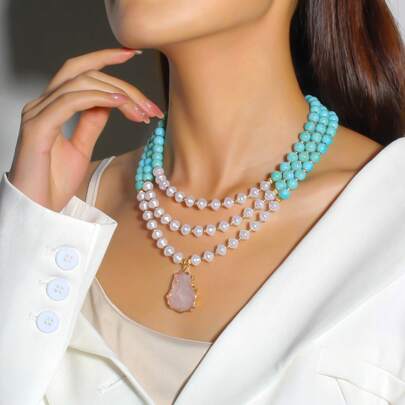 1 pieza Collar de cuentas de perlas asimétricas de tres capas de lujo vintage con efecto de grietas, adecuado para uso diario de mujeres