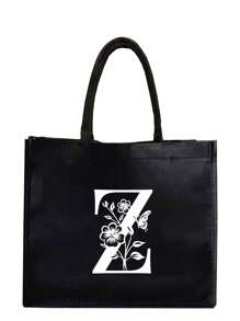 1PC Black Linen Handbag With White Flower Butterfly Letter Print Design,Simple And Elegant,Personalized Bridesmaid Wedding Gift Bag, Makeup Bag,Travel Simple Storage Bag,Solid Color Cosmetics Wallet,Large Capacity Travel Makeup Bag: The Perfect Match For Outdoor Beauties! Suitable For Weddings,Birthdays,Beaches,And Holidays - Black - View 18