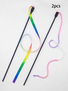 2pcs Playful Cat Wand Toy With Colorful Ribbons For Pet Entertainment