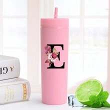 1入組A-Z字母圖案16oz純色塑料水瓶，適用於夏季/冬季飲料，扁底牛奶/咖啡杯，旅行配件，母親節禮物，伴娘/新娘禮物 - 粉色 - 查看 22