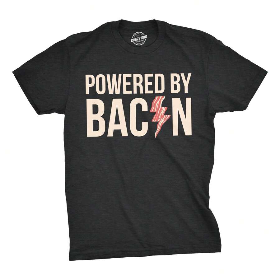 Mens Powered By Bacon T Shirt Funny Food Love Apparel Sarcastic Saying Gift Mens Funny T Shirts Cool Vintage Fashion T-Shirt Gift Classic Menswear - 黑色 - 查看 1