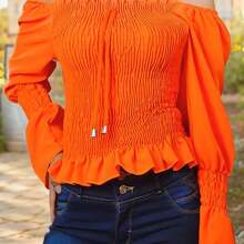Plain Long Sleeve Peasant Blouse - Orange - View 2