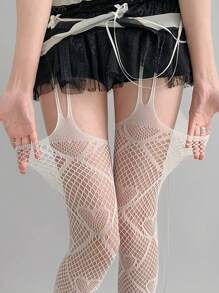 1 pieza Mujeres blancas sexys Medias de red de malla con patrón de corazón, medias de muslo con liguero - Blanco - Ver 3